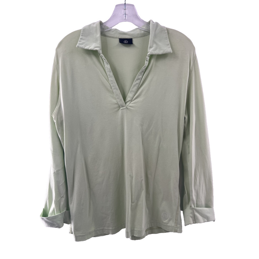 Bogner Women's Long Sleeve Polo Shirt Top Light Green Cotton Blend Size 10